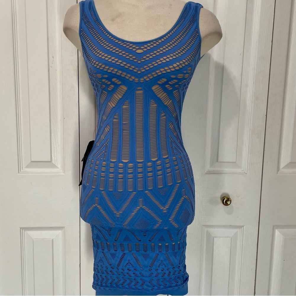 Bebe Blue and Crème Lazer Cut Bodycon Wiggle Dress